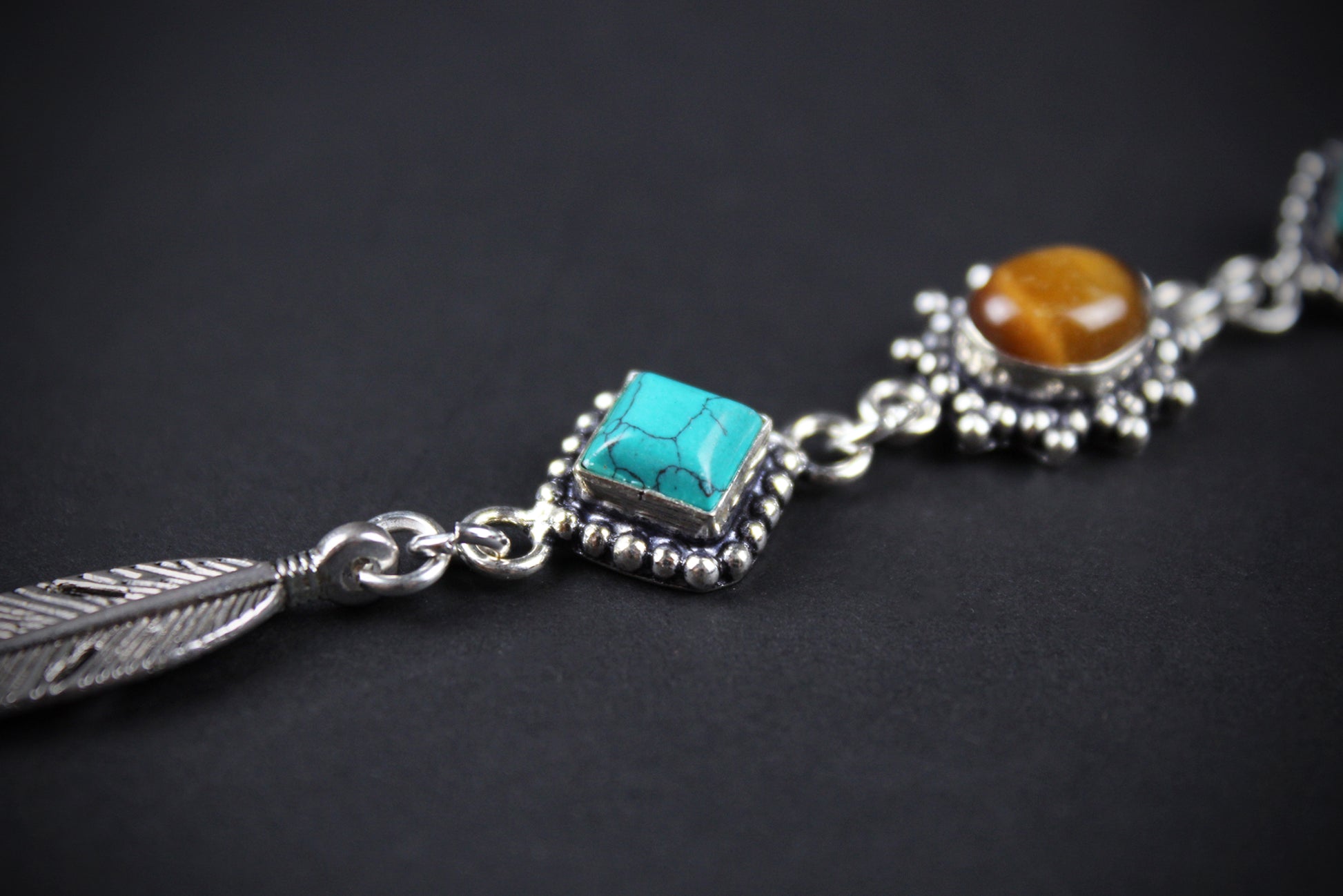 The Savannah Beaded Necklace: Turquoise, Tiger's Eye, Feather Charm