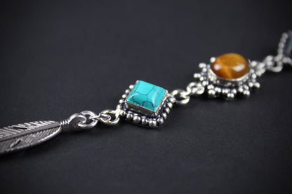 The Savannah Beaded Necklace: Turquoise, Tiger's Eye, Feather Charm