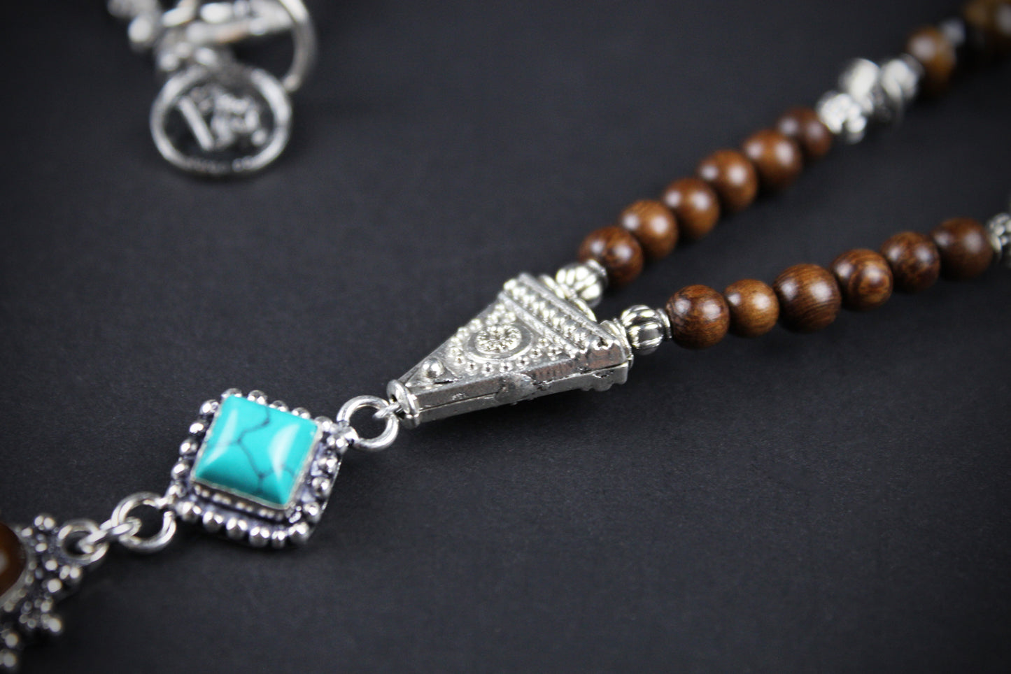 The Savannah Beaded Necklace: Turquoise, Tiger's Eye, Feather Charm