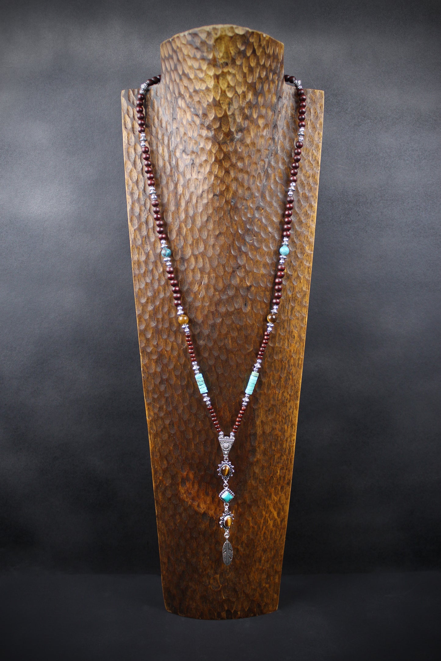 The Dallas Beaded Necklace: Turquoise, Tiger's Eye, Feather Charm