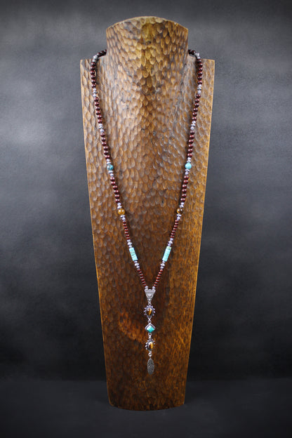 The Dallas Beaded Necklace: Turquoise, Tiger's Eye, Feather Charm