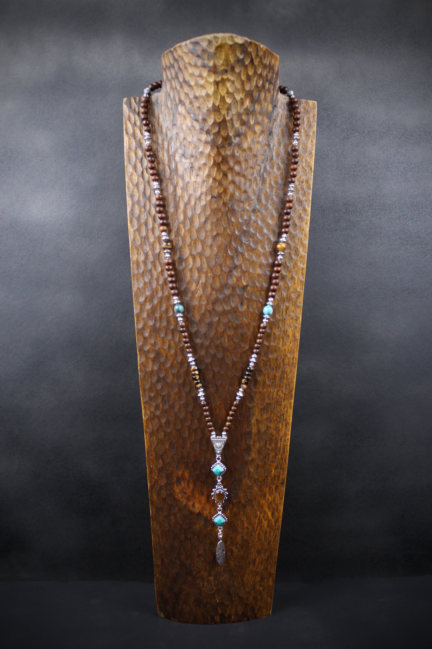 The Savannah Beaded Necklace: Turquoise, Tiger's Eye, Feather Charm