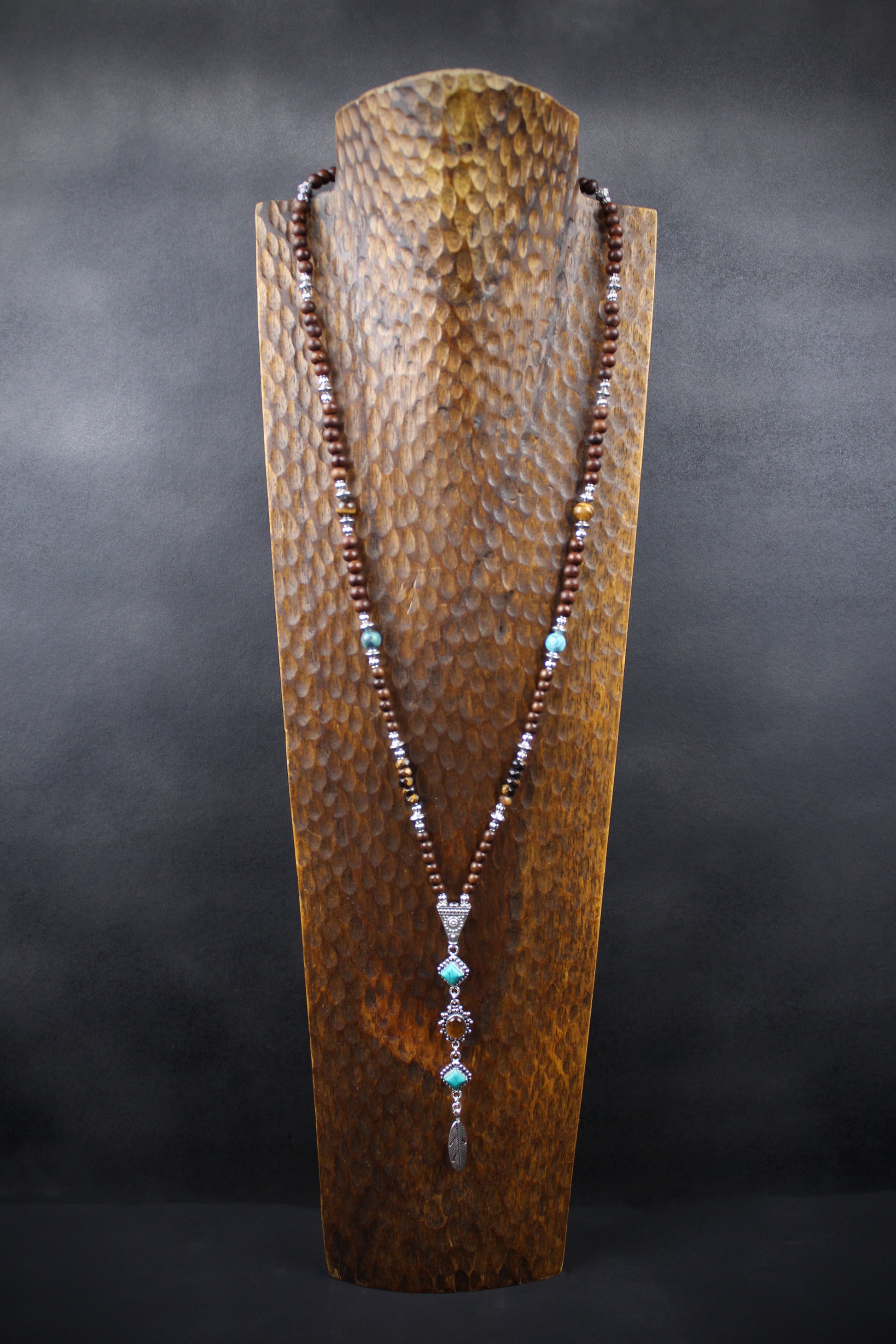 The Savannah Beaded Necklace: Turquoise, Tiger's Eye, Feather Charm
