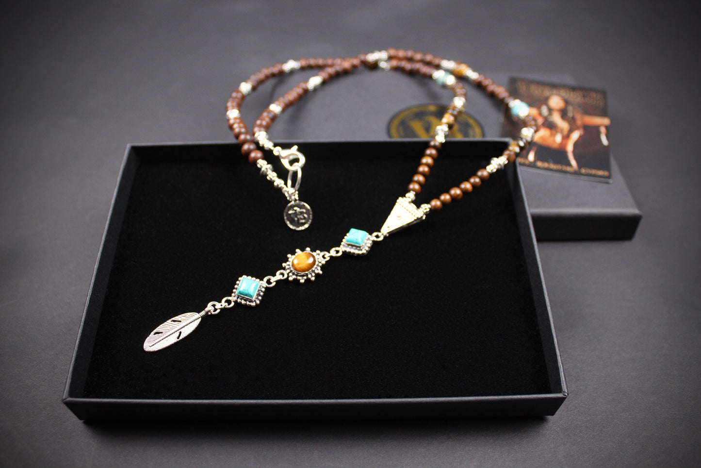 The Savannah Beaded Necklace: Turquoise, Tiger's Eye, Feather Charm