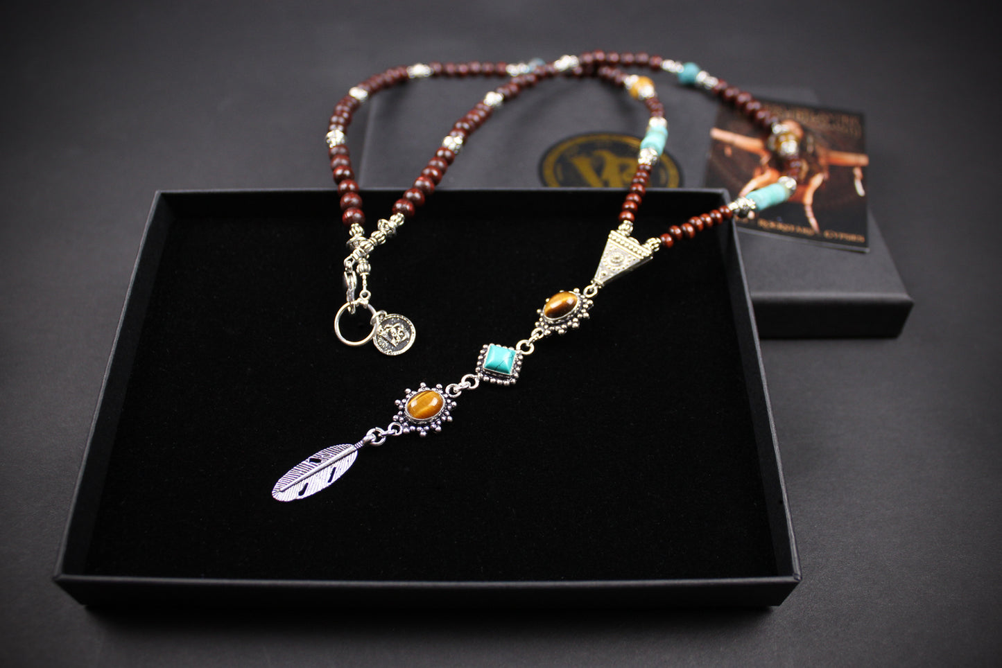 The Dallas Beaded Necklace: Turquoise, Tiger's Eye, Feather Charm