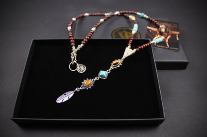 The Dallas Beaded Necklace: Turquoise, Tiger's Eye, Feather Charm