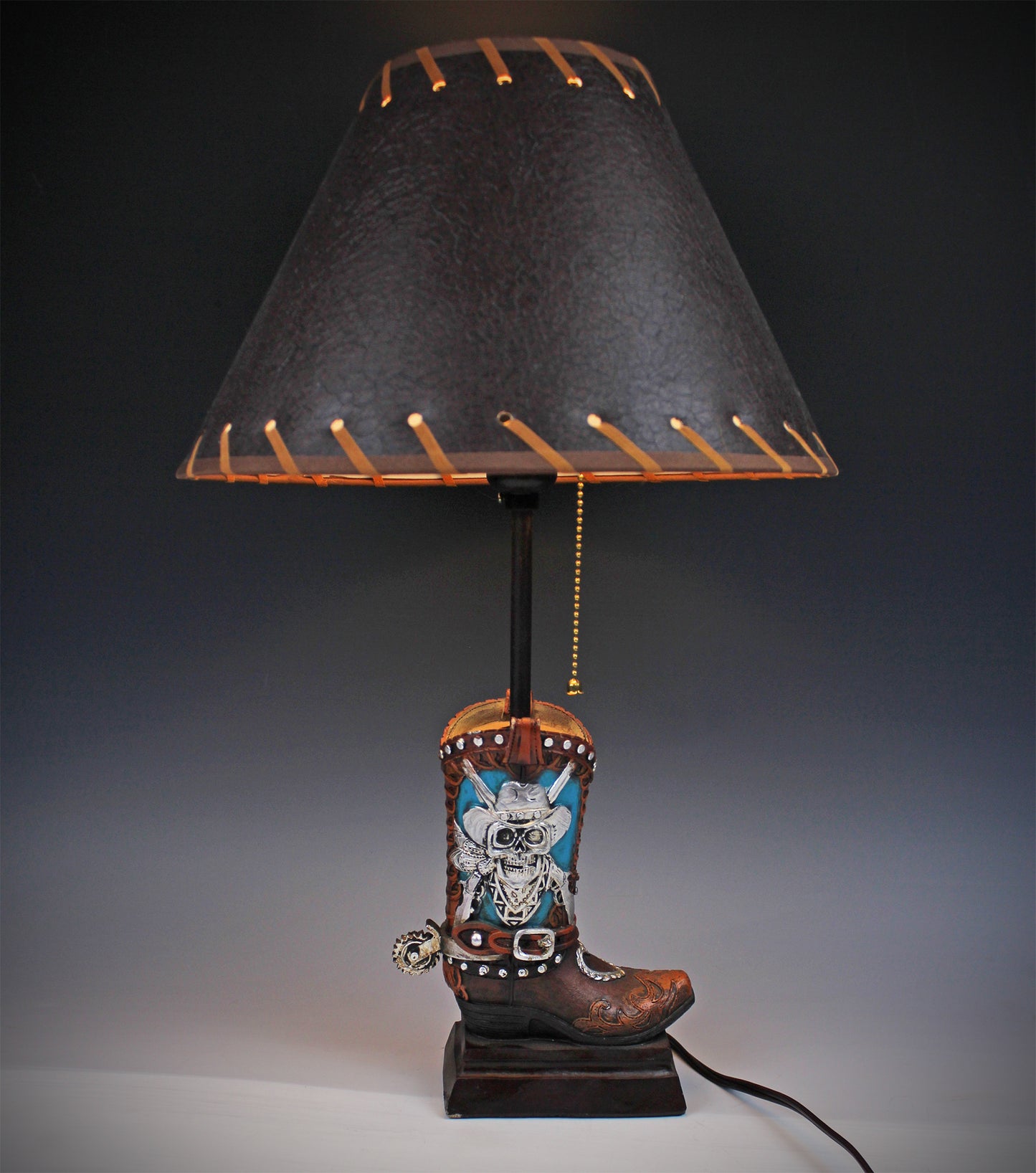 Skull Cowboy Boot Lamp: Resin Western Decor with Leather Shade