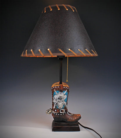 Skull Cowboy Boot Lamp: Resin Western Decor with Leather Shade
