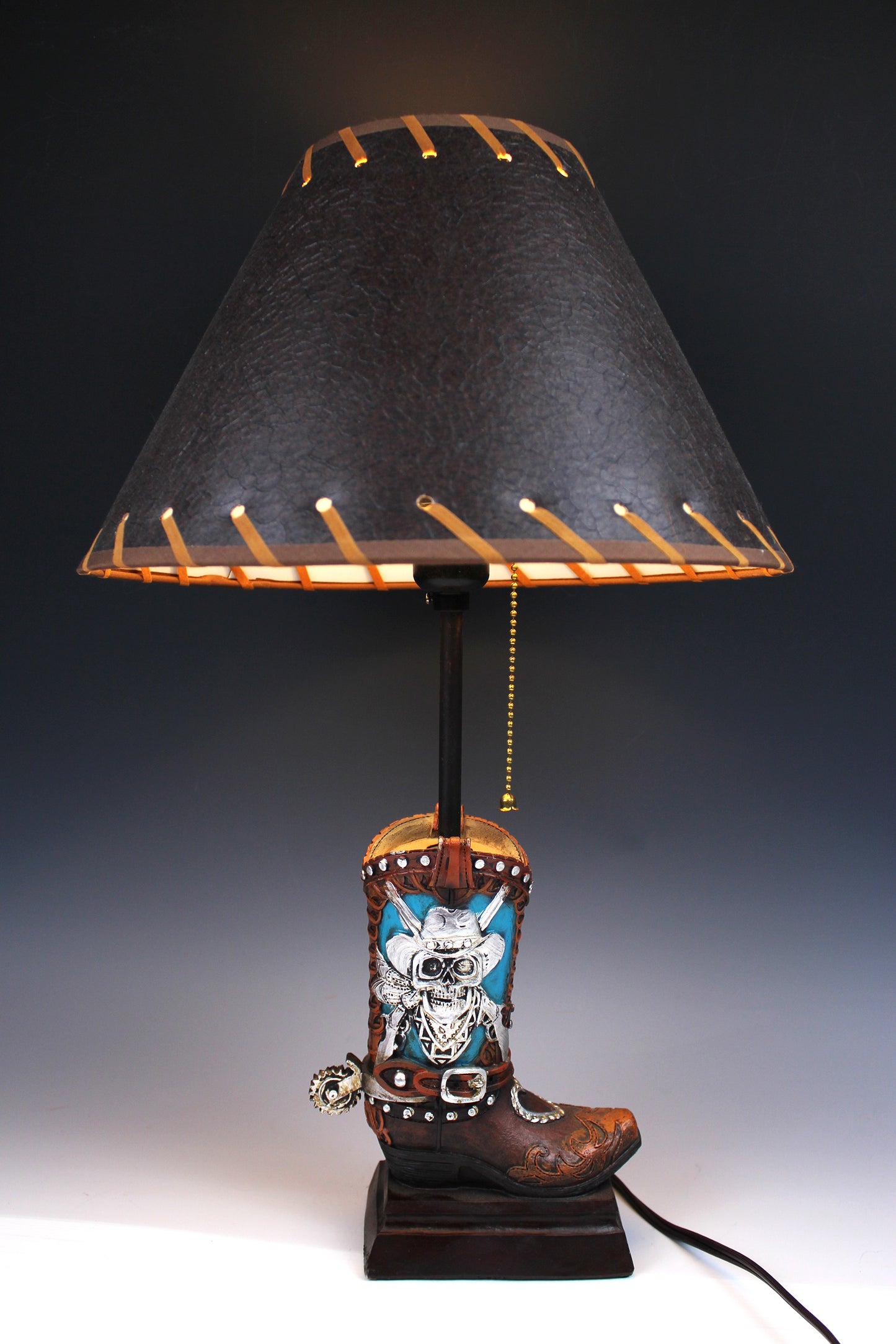 Skull Cowboy Boot Lamp: Resin Western Decor with Leather Shade
