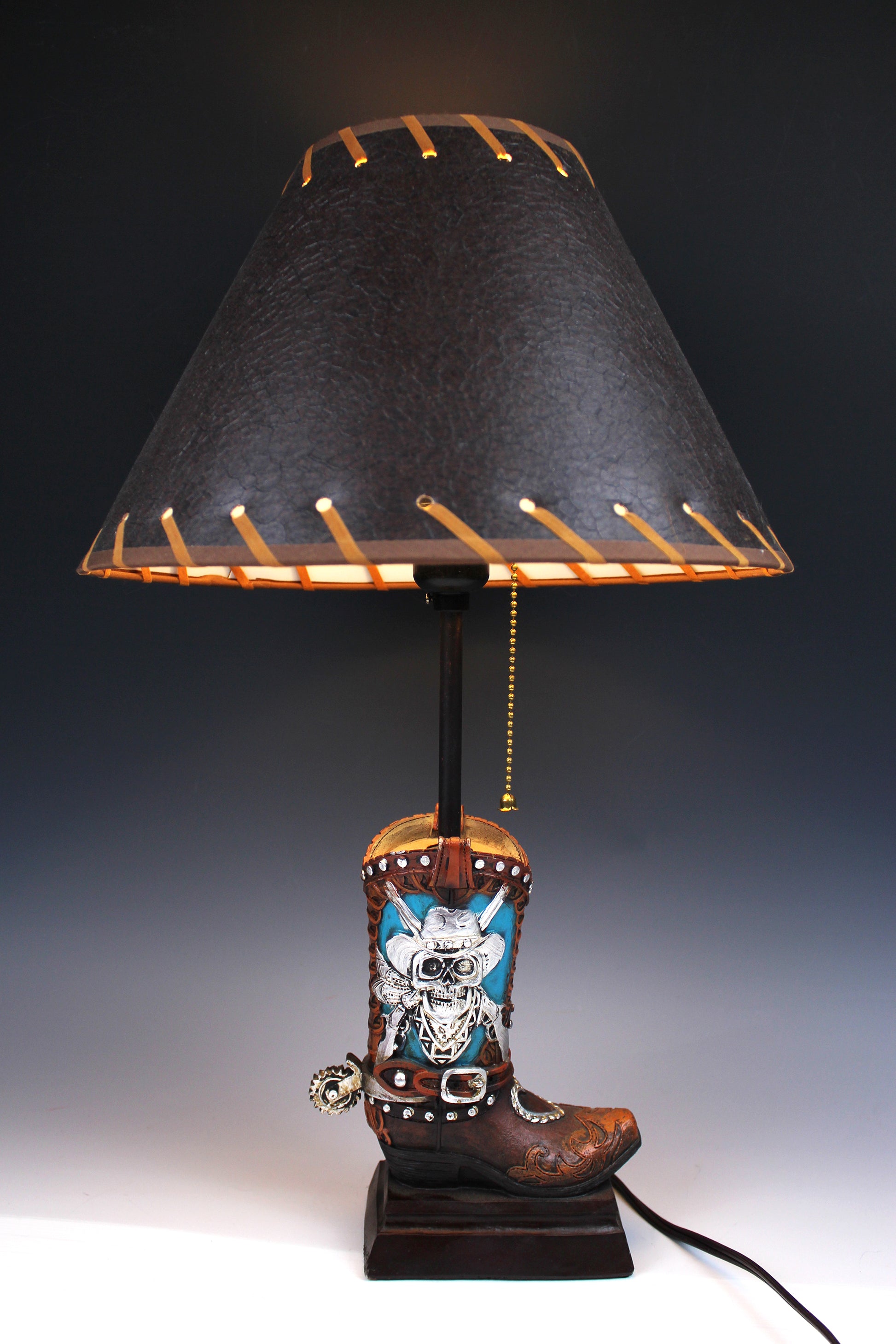 Skull Cowboy Boot Lamp: Resin Western Decor with Leather Shade
