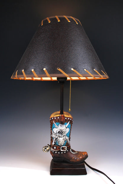 Skull Cowboy Boot Lamp: Resin Western Decor with Leather Shade