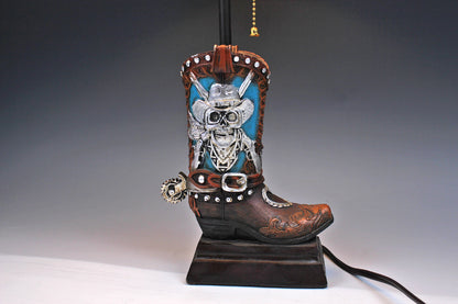 Skull Cowboy Boot Lamp: Resin Western Decor with Leather Shade