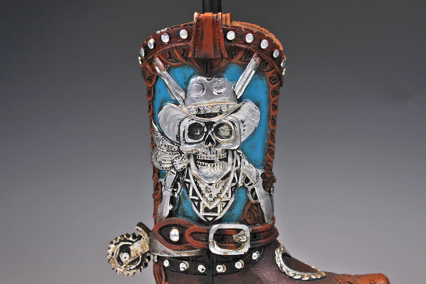 Skull Cowboy Boot Lamp: Resin Western Decor with Leather Shade