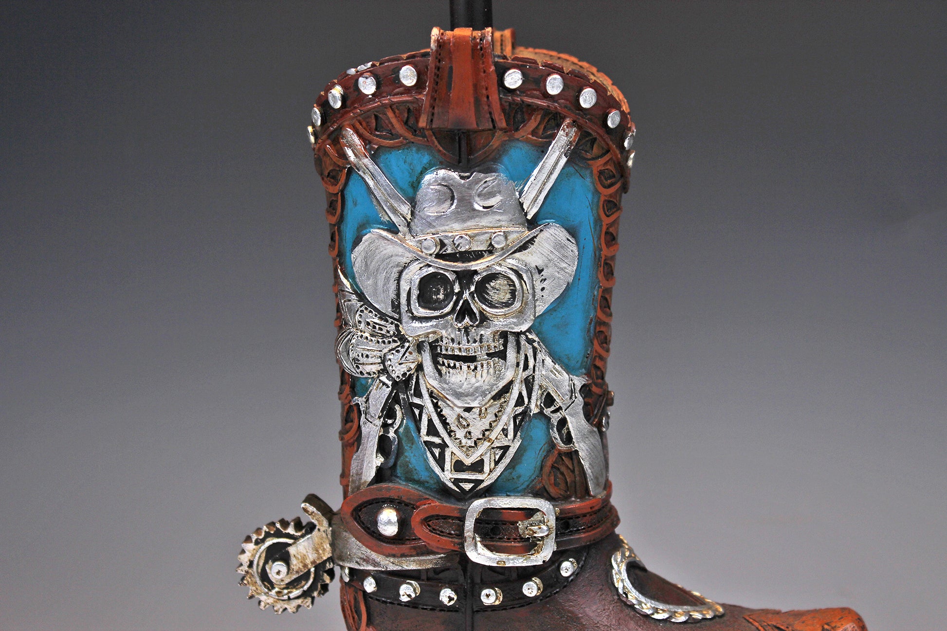 Skull Cowboy Boot Lamp: Resin Western Decor with Leather Shade