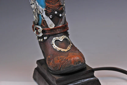 Skull Cowboy Boot Lamp: Resin Western Decor with Leather Shade