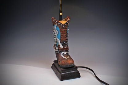 Skull Cowboy Boot Lamp: Resin Western Decor with Leather Shade
