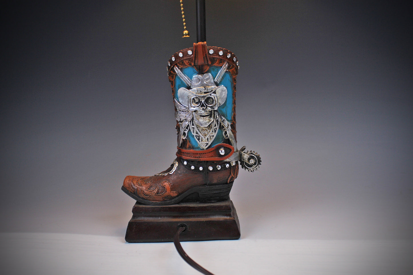 Skull Cowboy Boot Lamp: Resin Western Decor with Leather Shade