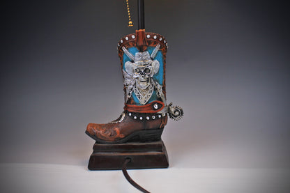 Skull Cowboy Boot Lamp: Resin Western Decor with Leather Shade