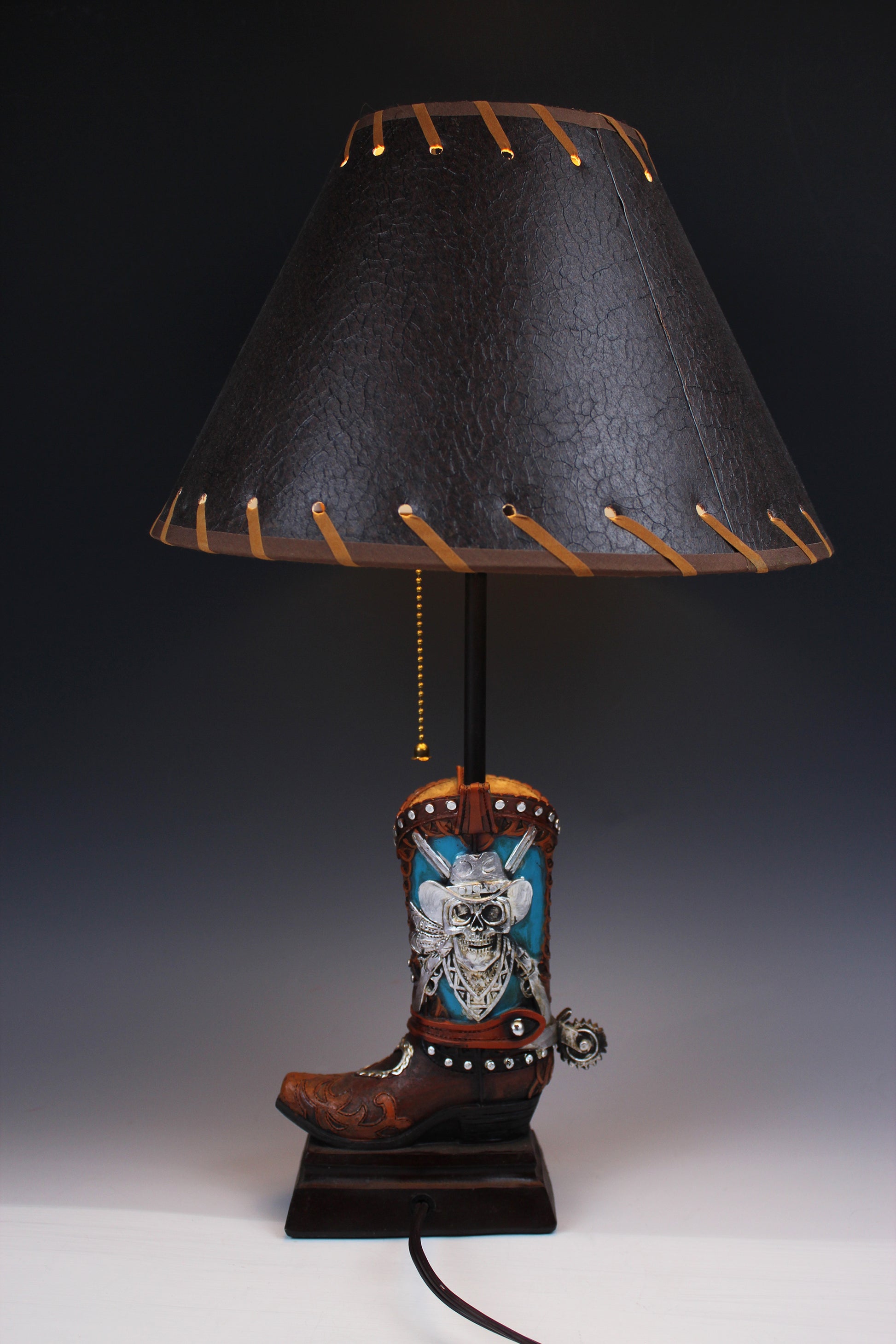 Skull Cowboy Boot Lamp: Resin Western Decor with Leather Shade