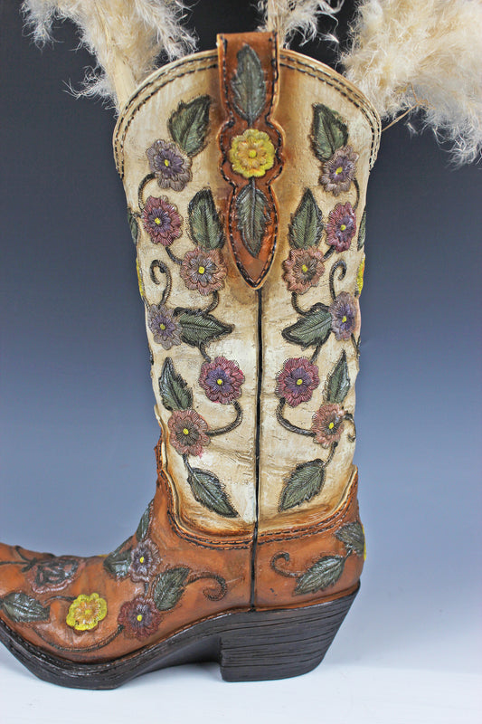 Floral Cowboy Boot Vase: Brown Resin Western Decor
