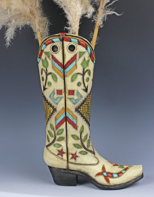 Large Cowboy Boot Vase: Tan with western style detailed design Resin Western Decor