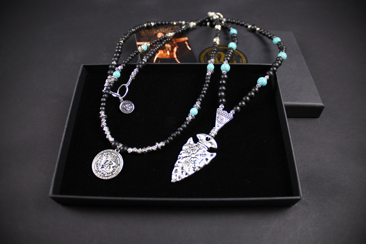 Valhalla Turquoise Layered Necklace Set: Viking Arrowhead, Pirate Coin, Black Wood & Howlite