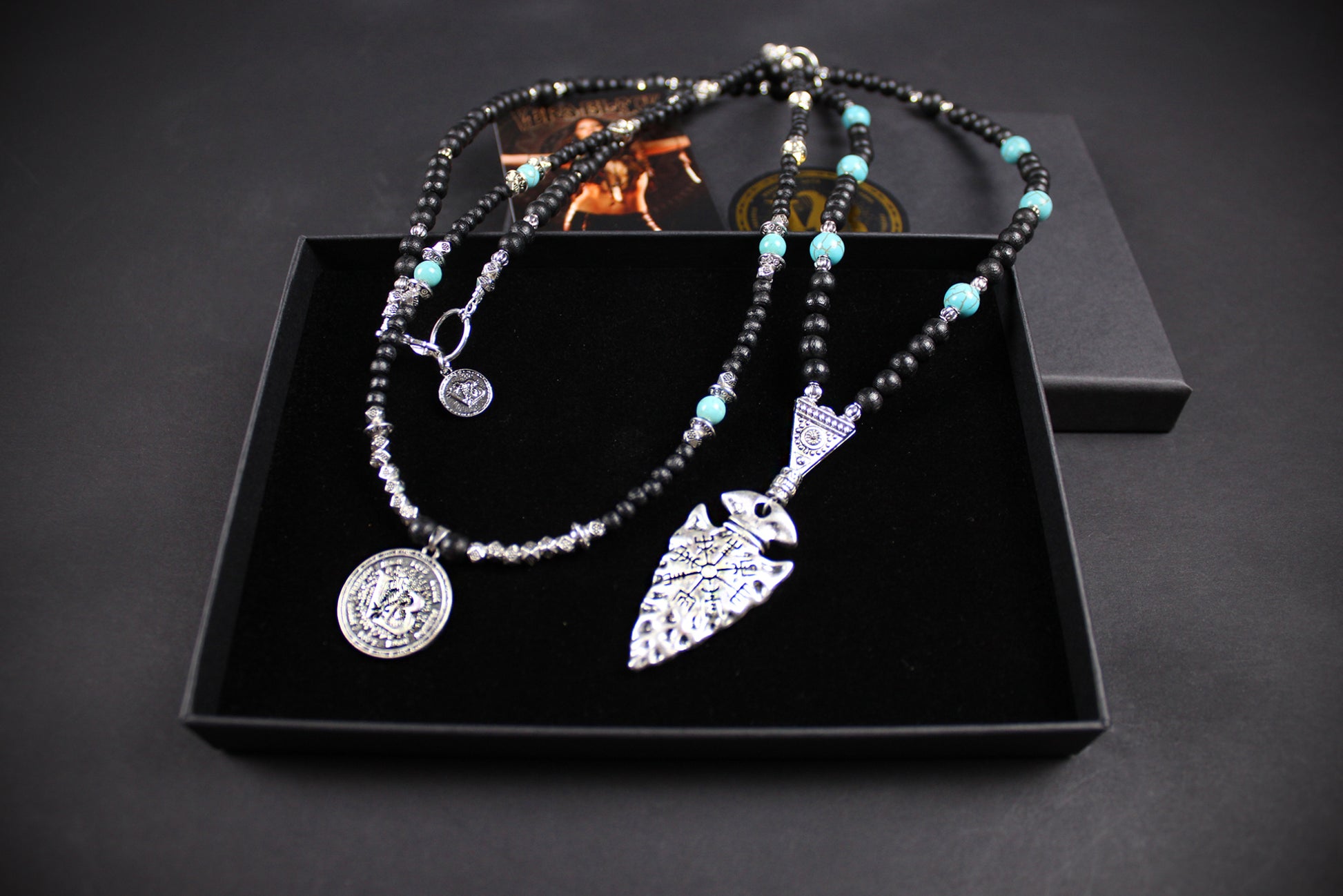 Valhalla Turquoise Layered Necklace Set: Viking Arrowhead, Pirate Coin, Black Wood & Howlite