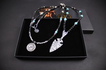 Valhalla Turquoise Layered Necklace Set: Viking Arrowhead, Pirate Coin, Black Wood & Howlite