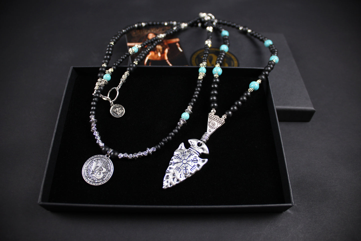 Valhalla Turquoise Layered Necklace Set: Viking Arrowhead, Pirate Coin, Black Wood & Howlite