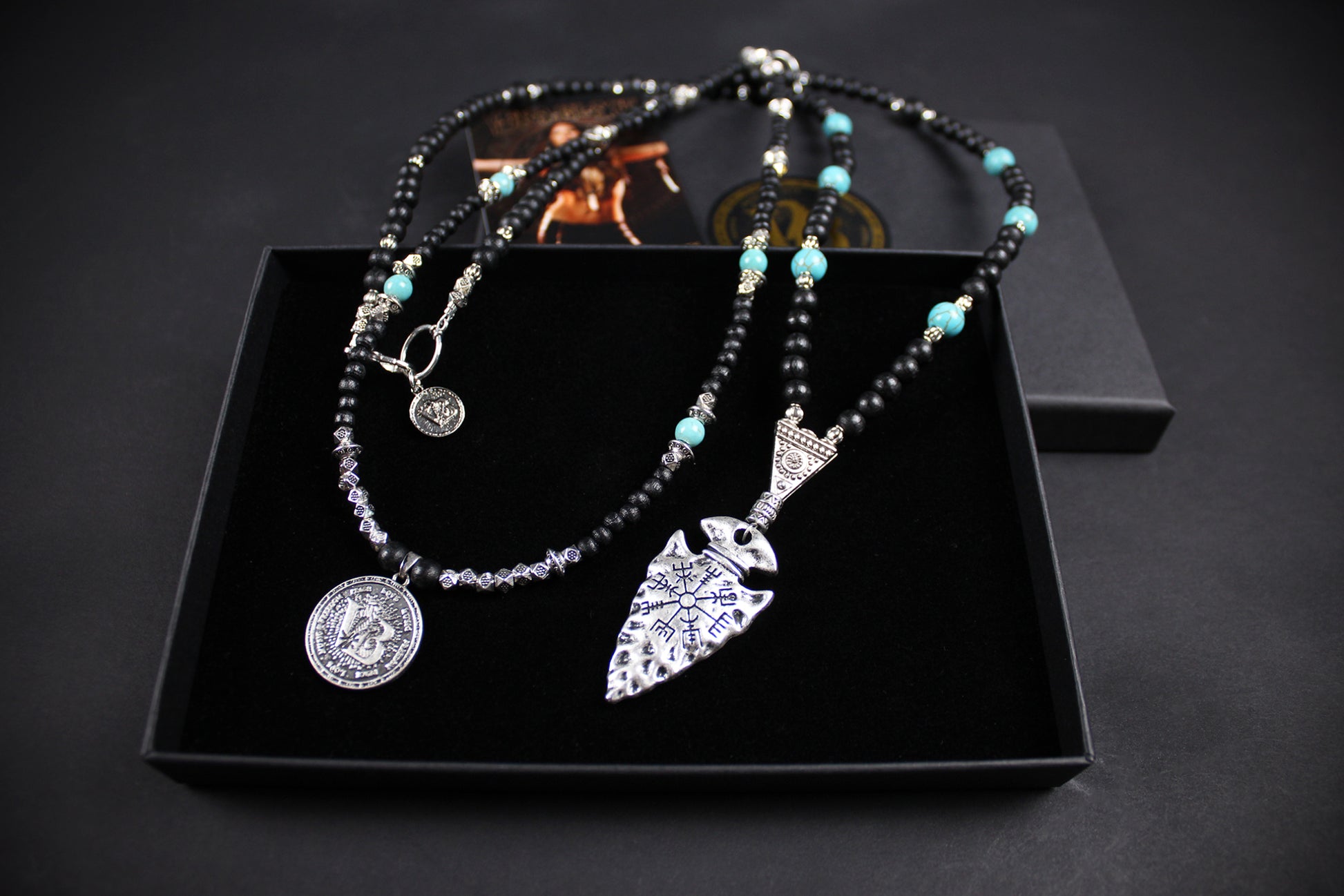 Valhalla Turquoise Layered Necklace Set: Viking Arrowhead, Pirate Coin, Black Wood & Howlite