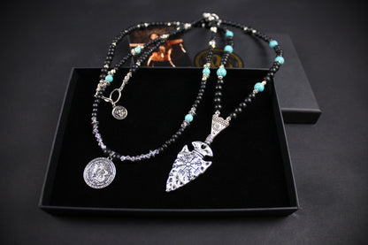 Valhalla Turquoise Layered Necklace Set: Viking Arrowhead, Pirate Coin, Black Wood & Howlite