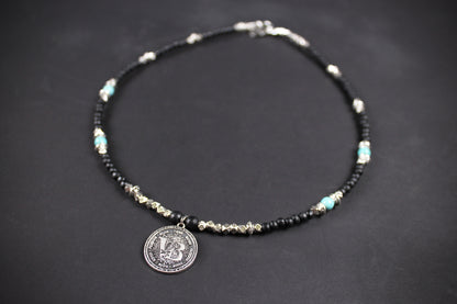 Valhalla Turquoise Layered Necklace Set: Viking Arrowhead, Pirate Coin, Black Wood & Howlite