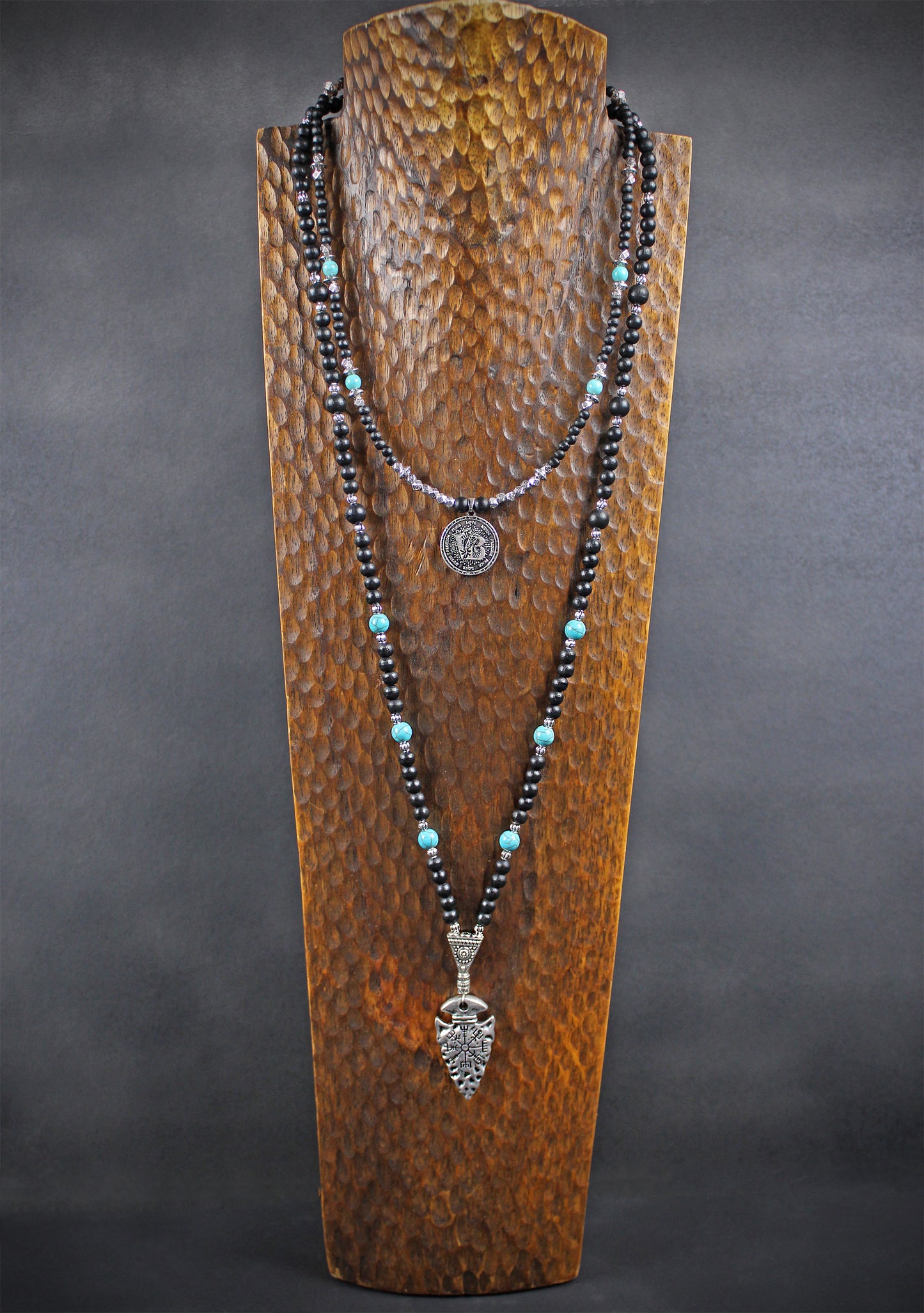 Valhalla Turquoise Layered Necklace Set: Viking Arrowhead, Pirate Coin, Black Wood & Howlite