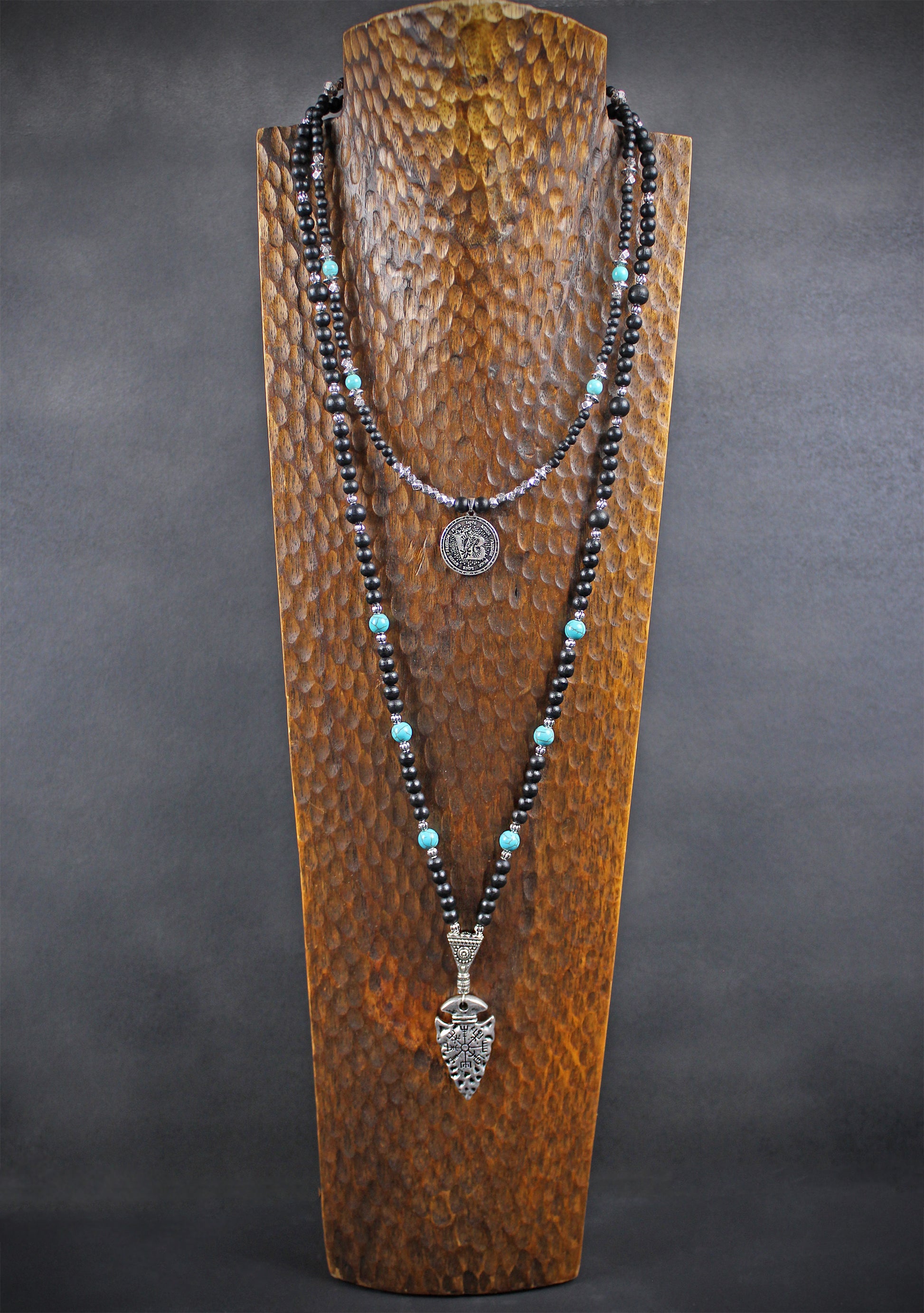 Valhalla Turquoise Layered Necklace Set: Viking Arrowhead, Pirate Coin, Black Wood & Howlite