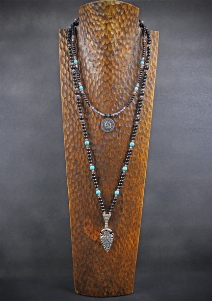 Valhalla Turquoise Layered Necklace Set: Viking Arrowhead, Pirate Coin, Black Wood & Howlite