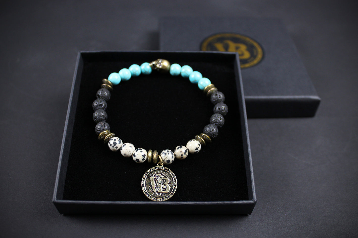 The Snake Eyes Bracelet - Lava Stone Howlite Dalmatian Jasper With Bronze Detail