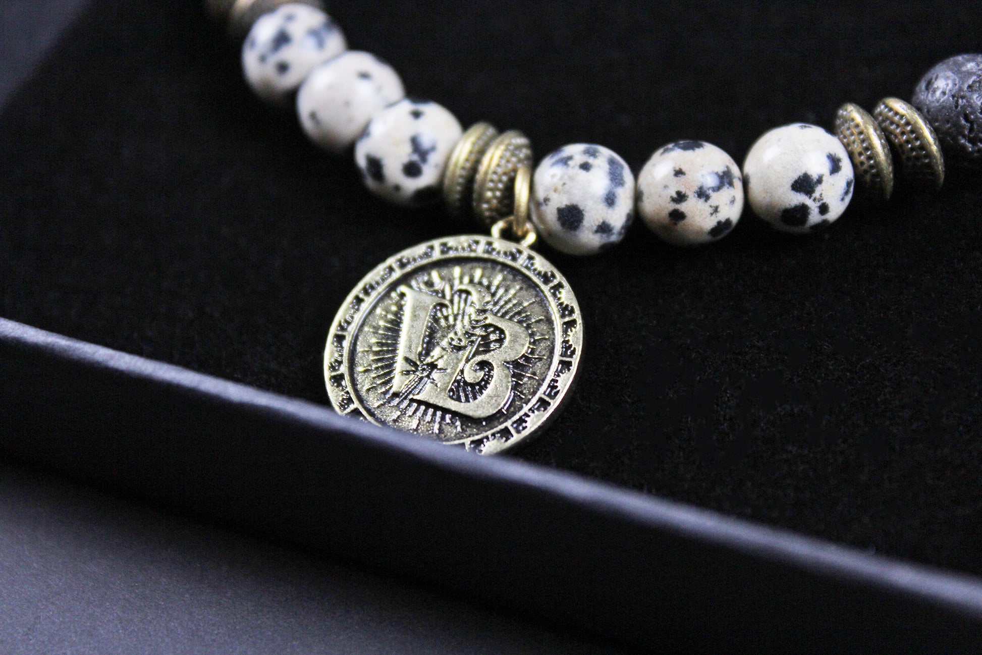 The Snake Eyes Bracelet - Lava Stone Howlite Dalmatian Jasper With Bronze Detail