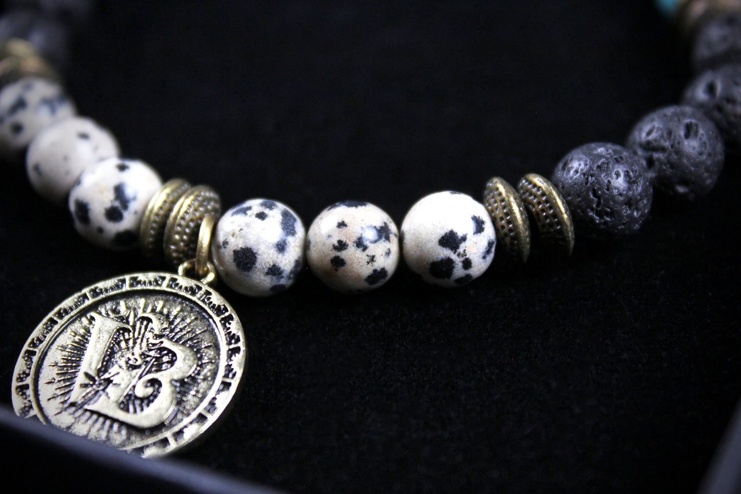 The Snake Eyes Bracelet - Lava Stone Howlite Dalmatian Jasper With Bronze Detail