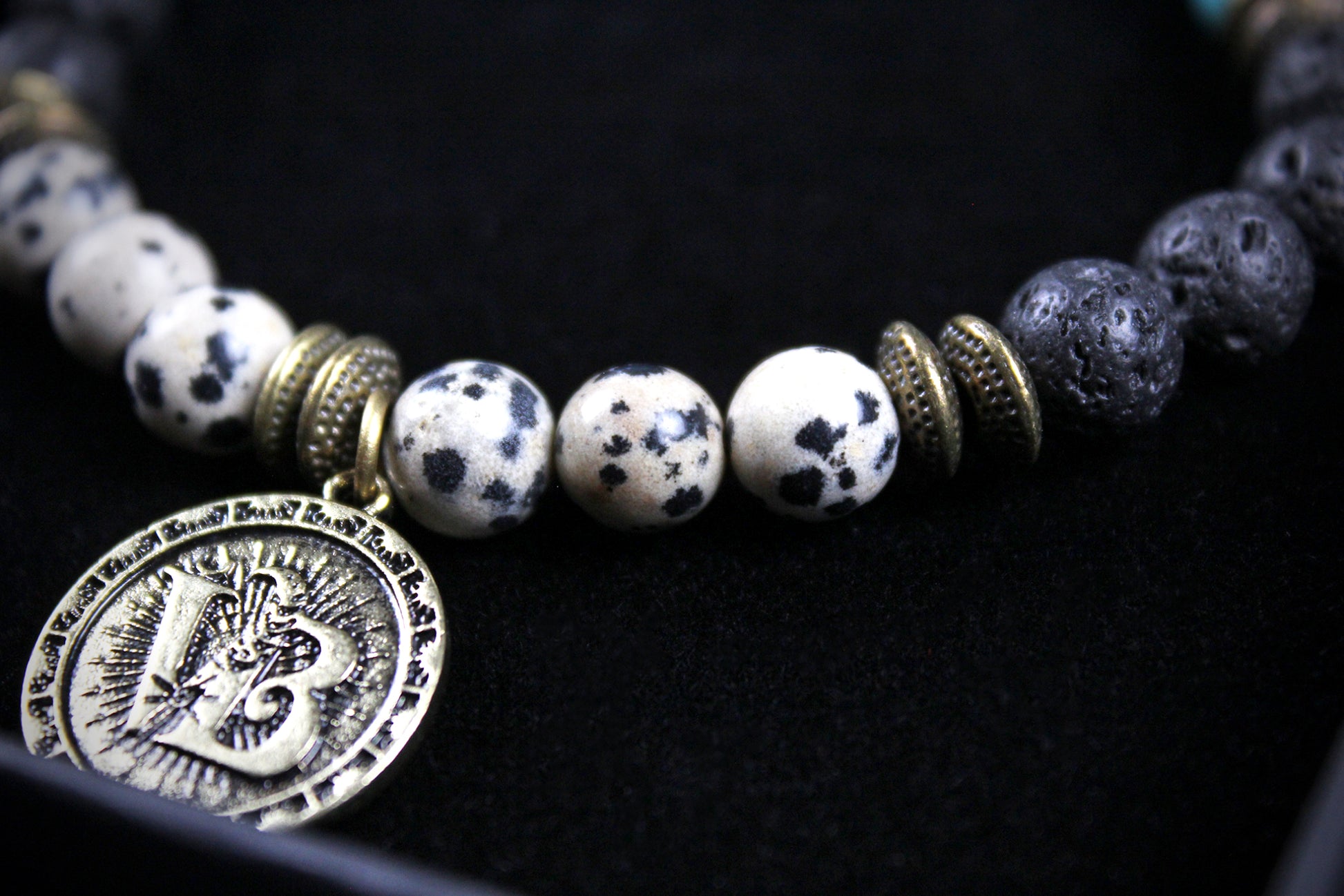 The Snake Eyes Bracelet - Lava Stone Howlite Dalmatian Jasper With Bronze Detail