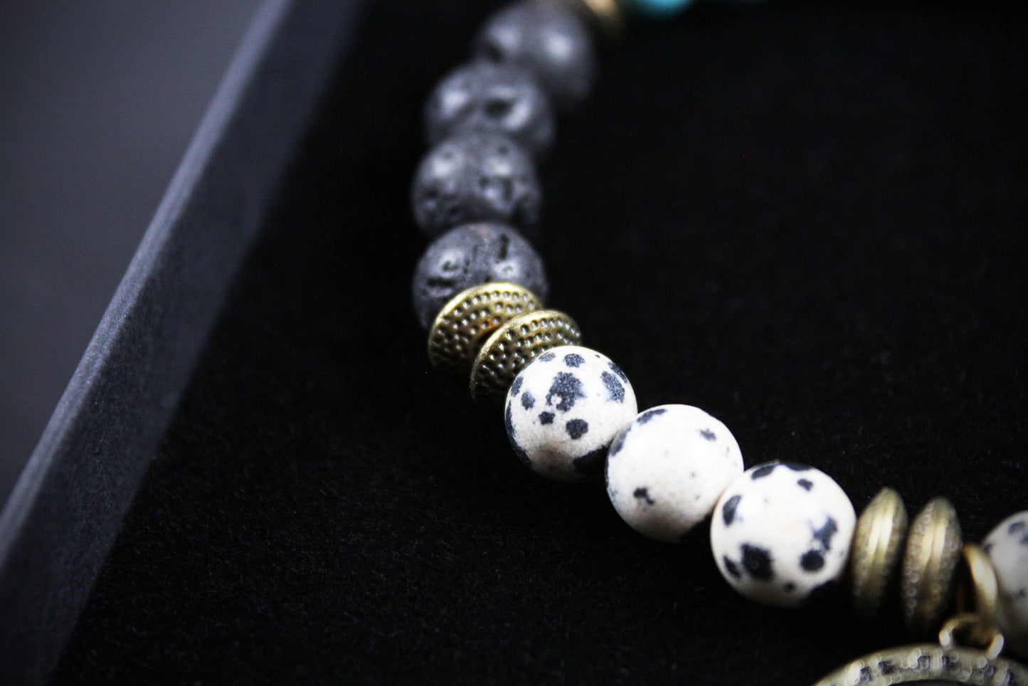 The Snake Eyes Bracelet - Lava Stone Howlite Dalmatian Jasper With Bronze Detail