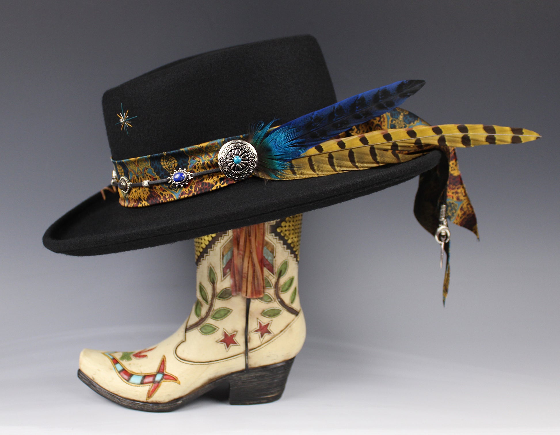 Black hat with decorative band and feathers, paired with a decorated boot on a gray background