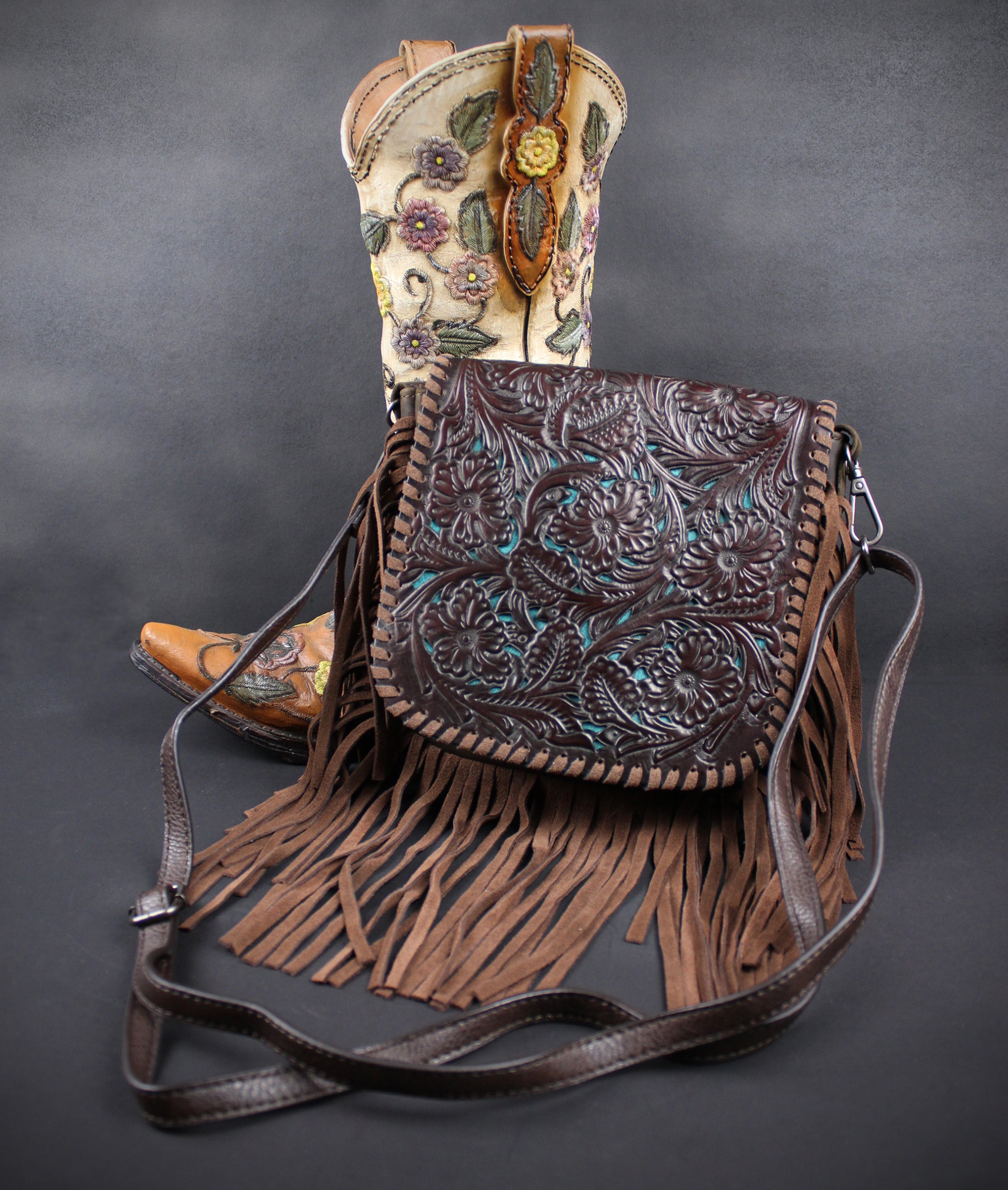 The Dixie Brown Leather Shoulder Bag : Hand Tooled, Flower Design