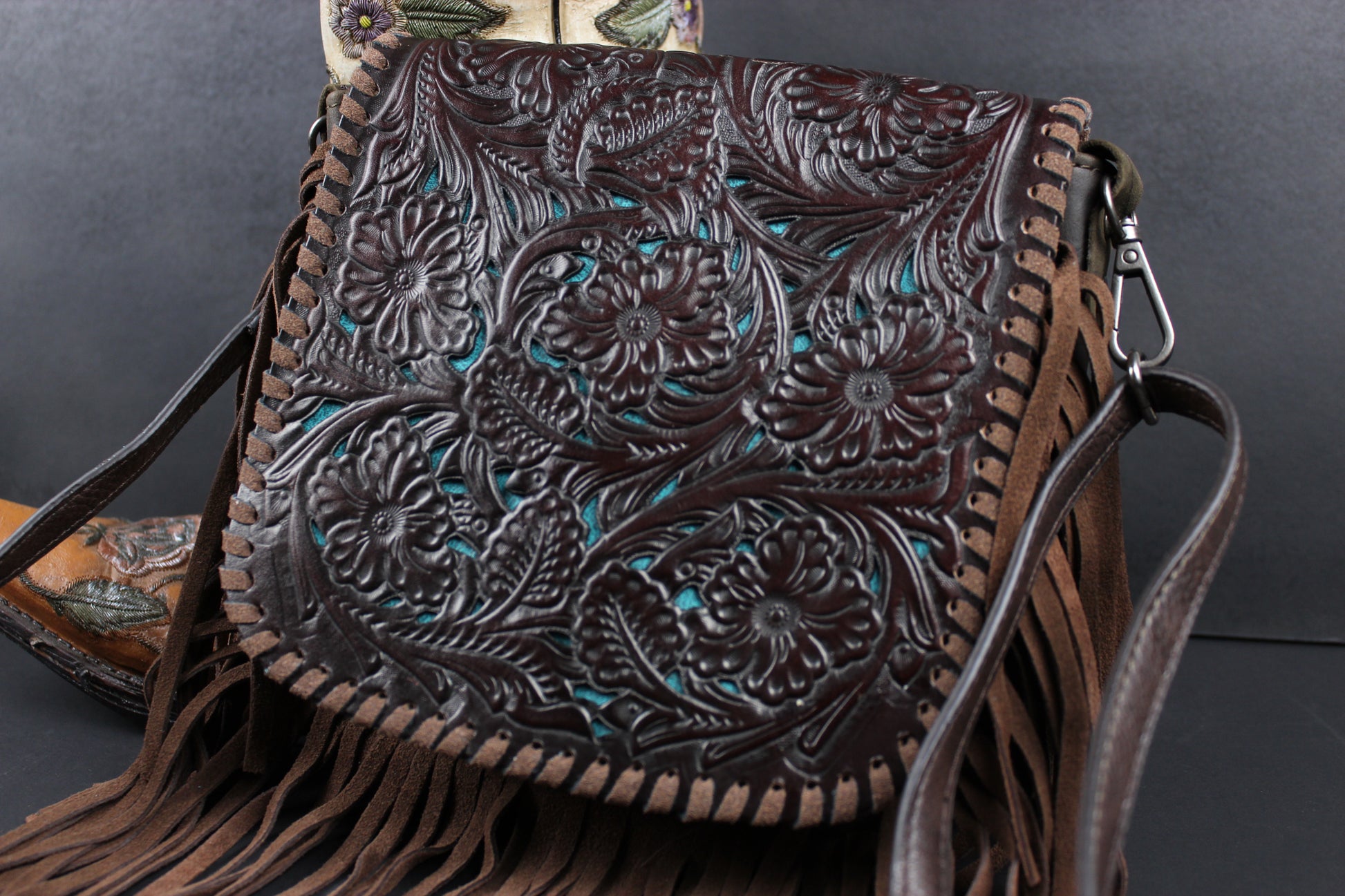 The Dixie Brown Leather Shoulder Bag : Hand Tooled, Flower Design