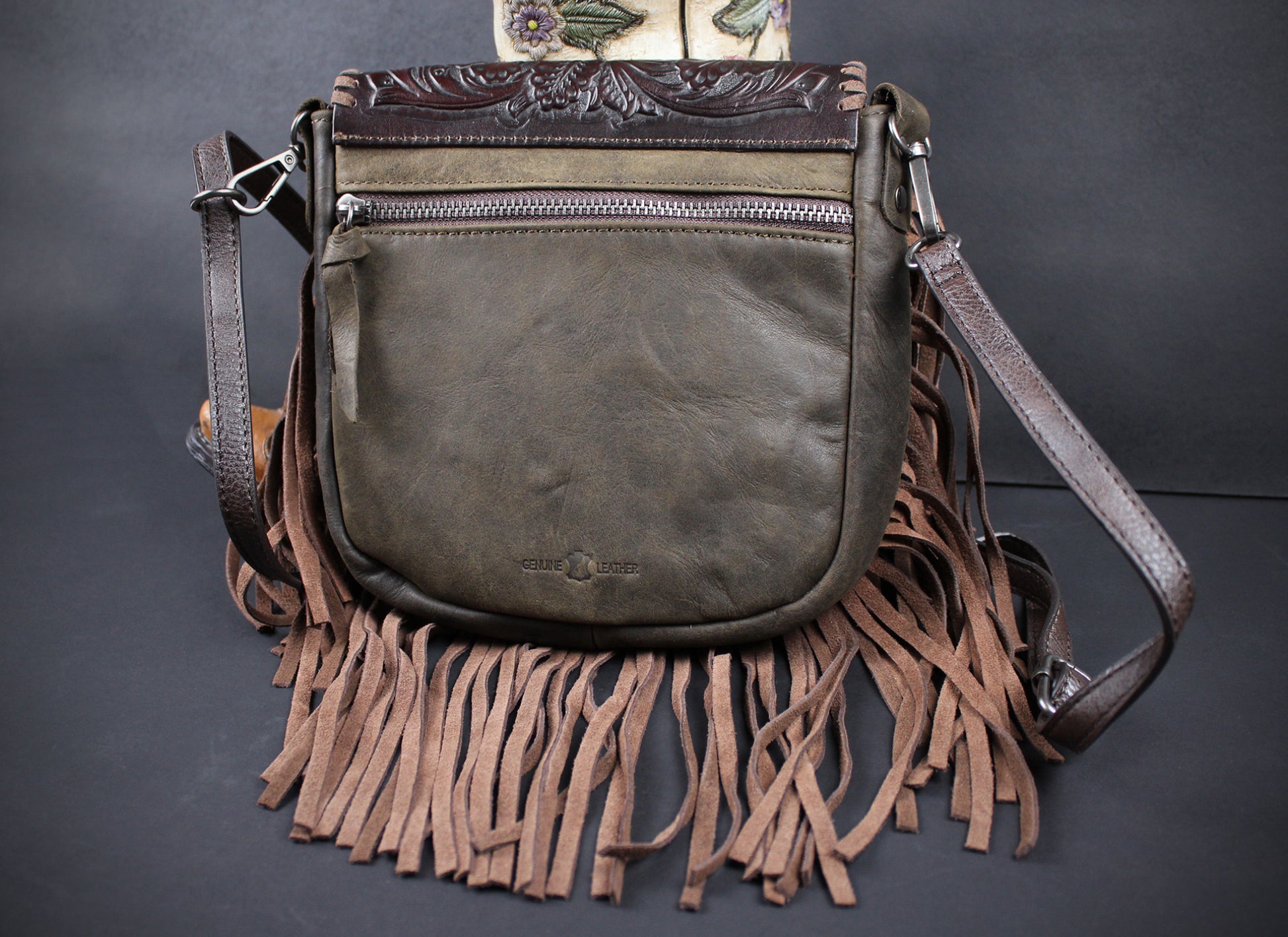 The Dixie Brown Leather Shoulder Bag : Hand Tooled, Flower Design