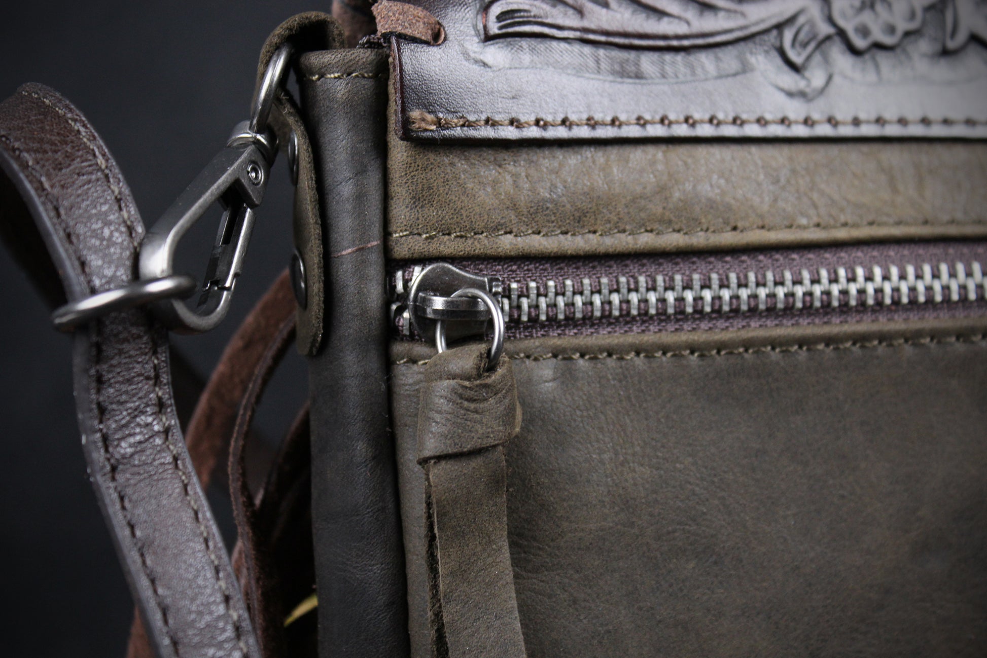 The Dixie Brown Leather Shoulder Bag : Hand Tooled, Flower Design