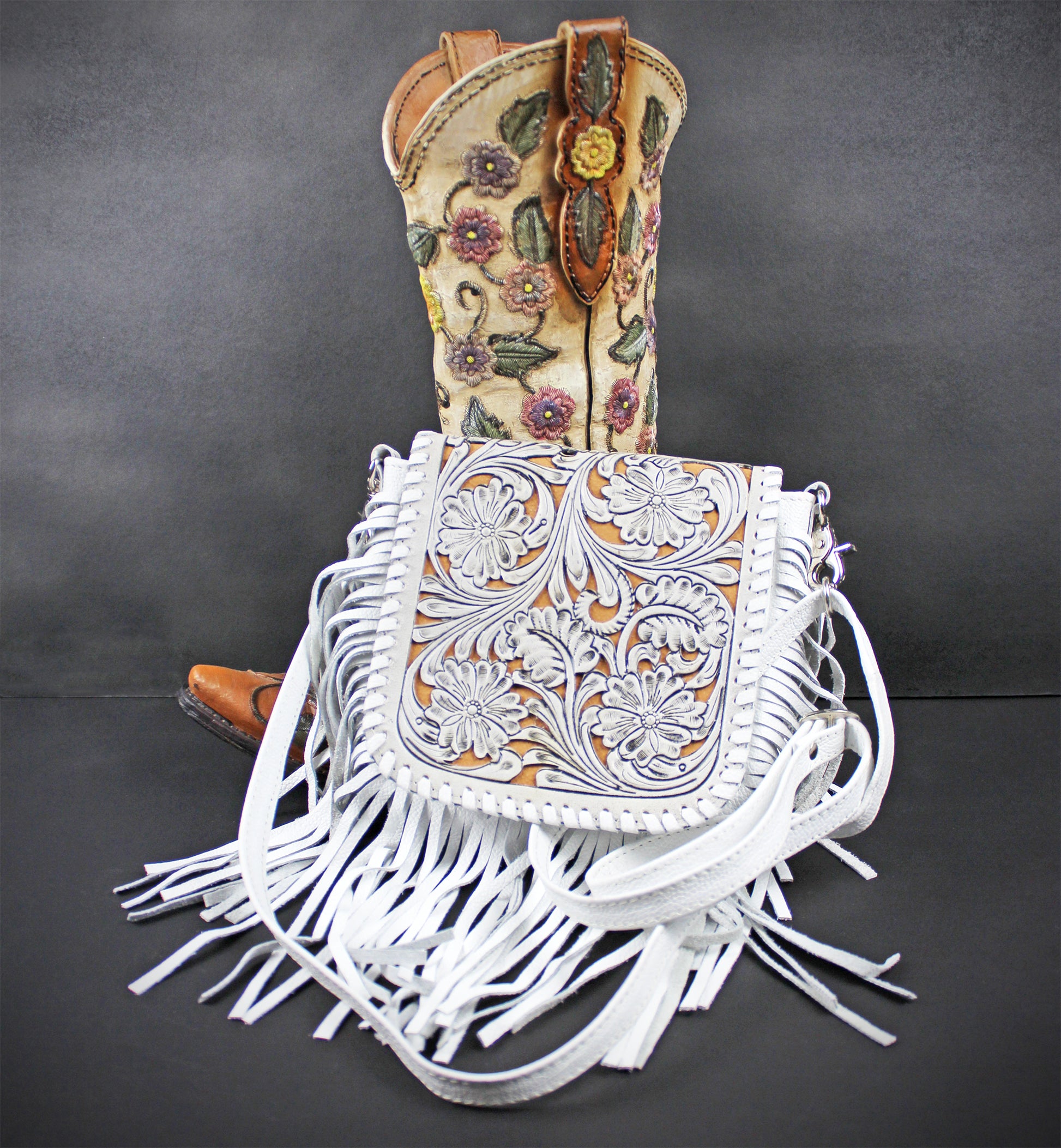 The Dixie White Leather Shoulder Bag : Hand Tooled, Flower Design