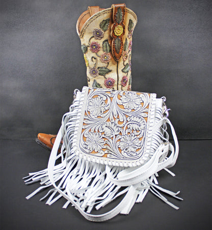 The Dixie White Leather Shoulder Bag : Hand Tooled, Flower Design