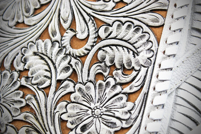 The Dixie White Leather Shoulder Bag : Hand Tooled, Flower Design