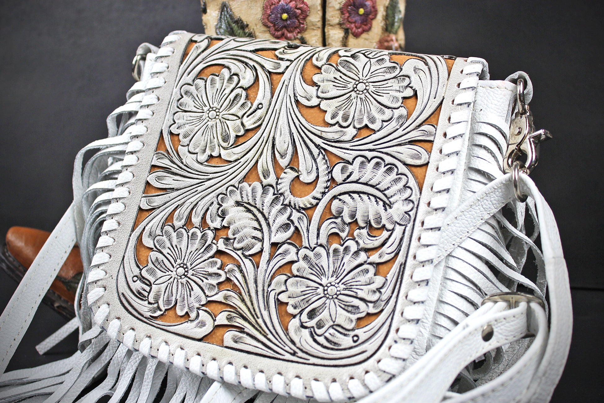 The Dixie White Leather Shoulder Bag : Hand Tooled, Flower Design