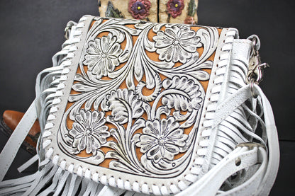 The Dixie White Leather Shoulder Bag : Hand Tooled, Flower Design